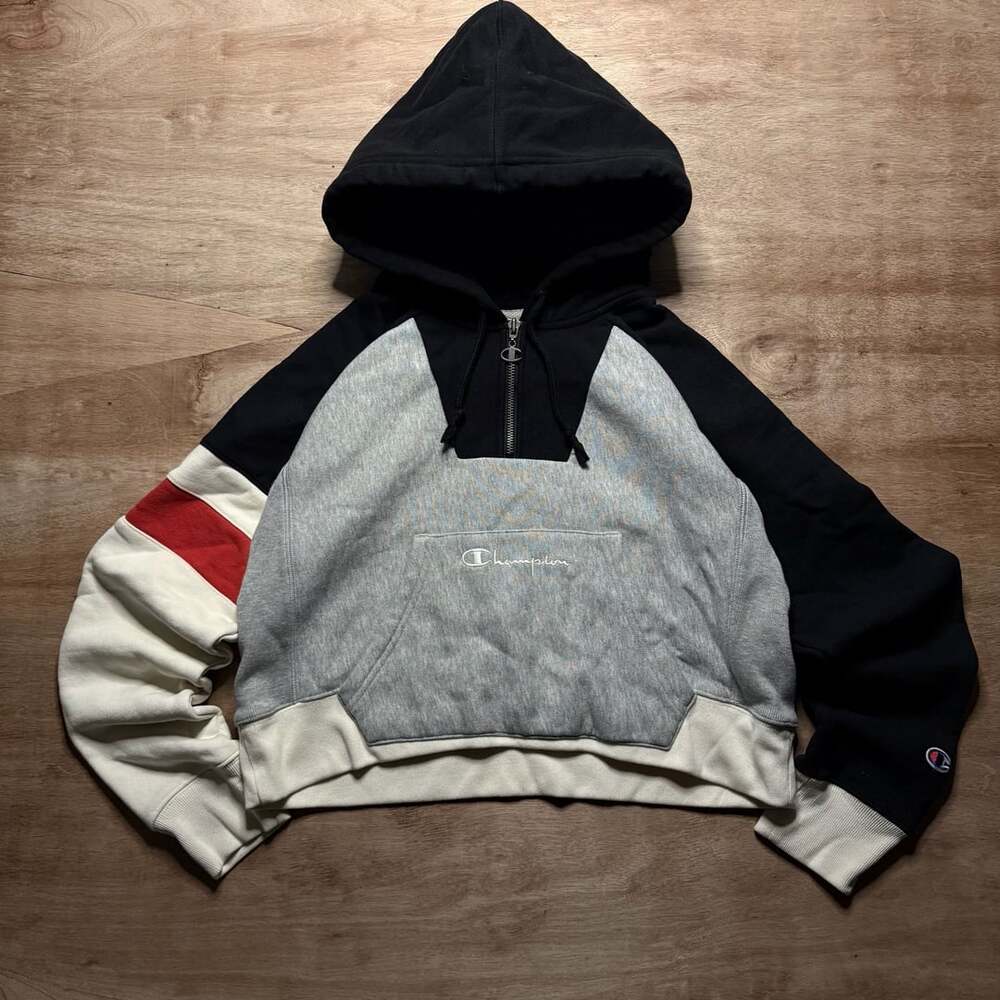 Champion Reverse Weave Small Colorblock Quarter Zip Hoodie Cropped Spellout